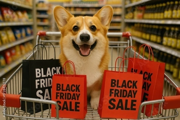 Fototapeta Corgi enjoys Black Friday shopping in a cart filled with sale bags at a grocery store