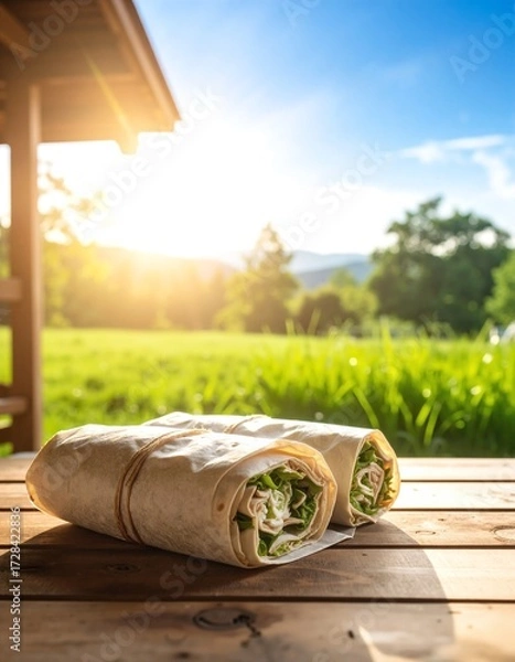 Fototapeta A delicious wrap filled with fresh vegetables, grilled chicken, and sauces, elegantly placed on a rustic wooden table, inviting and appetizing.