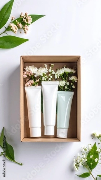 Fototapeta Three elegant white vases, each filled with vibrant, colorful flowers, are arranged on a rustic wooden table, creating a charming and fresh atmosphere.