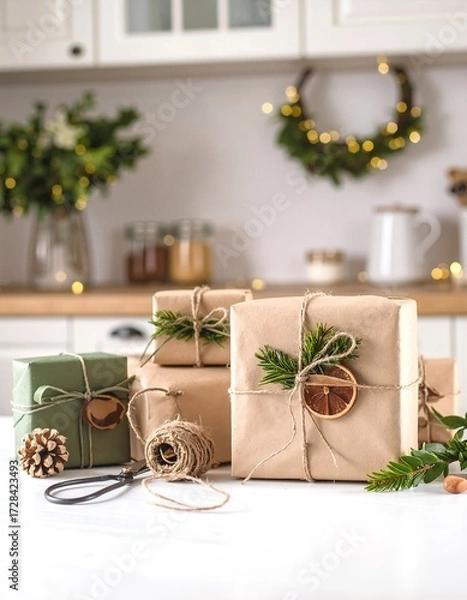 Fototapeta A cozy scene featuring three beautifully wrapped presents in festive paper, adorned with colorful ribbons, resting on a wooden table, with twinkling Christmas lights softly glowing in the background.