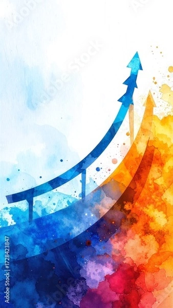 Fototapeta A vibrant watercolor painting depicting a small boat gently floating on serene waters, with a bold arrow pointing skyward, symbolizing direction and adventure.