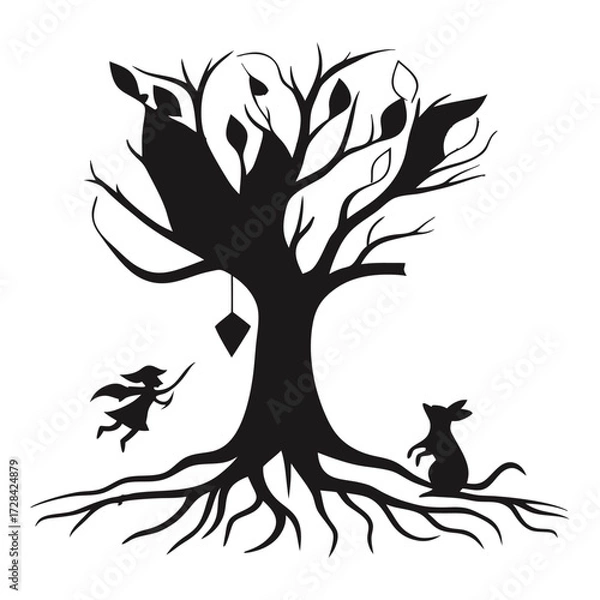 Fototapeta Enchanted Tree Silhouette: A whimsical silhouette of a mystical tree with a playful scene, featuring a soaring pixie and a curious mouse, the intricate details bring a storybook charm.