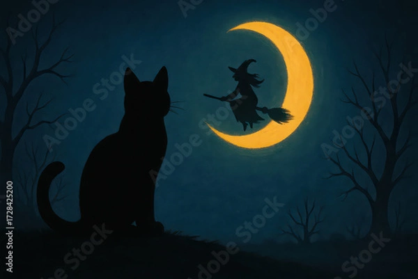Fototapeta Witch silhouette flying on broomstick in front of crescent moon with black cat watching
