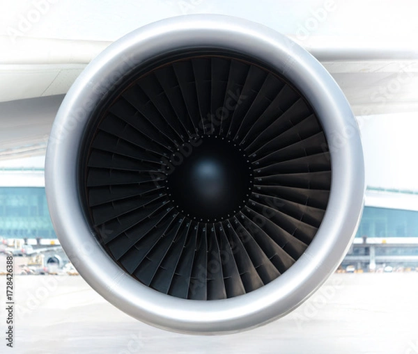 Fototapeta 正面から見たタービンブレードの見えるジェットエンジンのクローズアップ