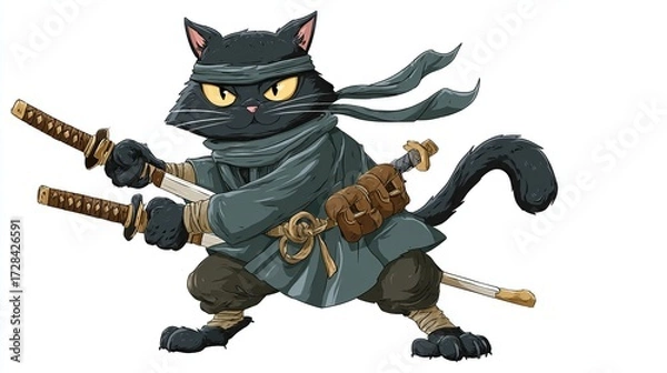 Fototapeta A fierce black cat, clad in a grey ninja outfit and wielding two swords, adopts a battle-ready stance, its yellow eyes narrowed in concentration