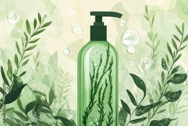 Obraz Organic Shampoo Label with Algae and Bubble Elements Vector