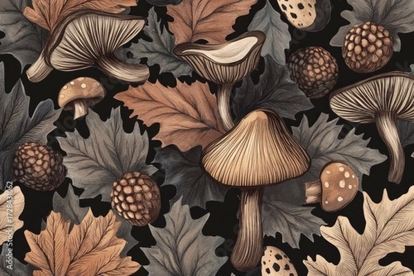 Obraz Hand Drawn Seamless Pattern of Acorns and Mushrooms Vector