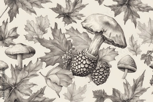 Obraz Hand Drawn Seamless Pattern of Acorns and Mushrooms Vector