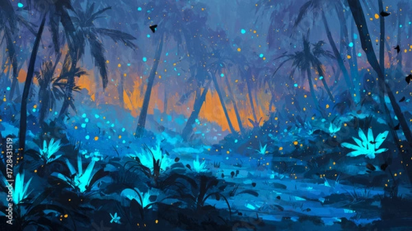 Fototapeta Magical Glowing Forest Path with Blue Bioluminescence