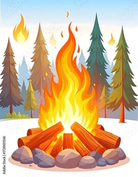Obraz Campfire in a pine forest.  Bright flames