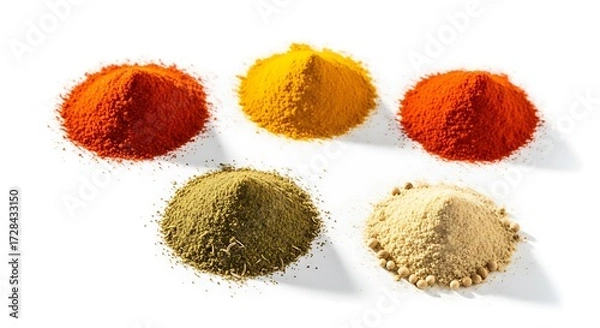 Obraz Vibrant Spice Heaps: Paprika, Turmeric, Coriander, Cumin, and Spices on White