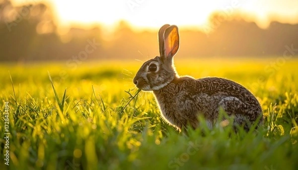 Fototapeta Rabbit in golden field at sunset