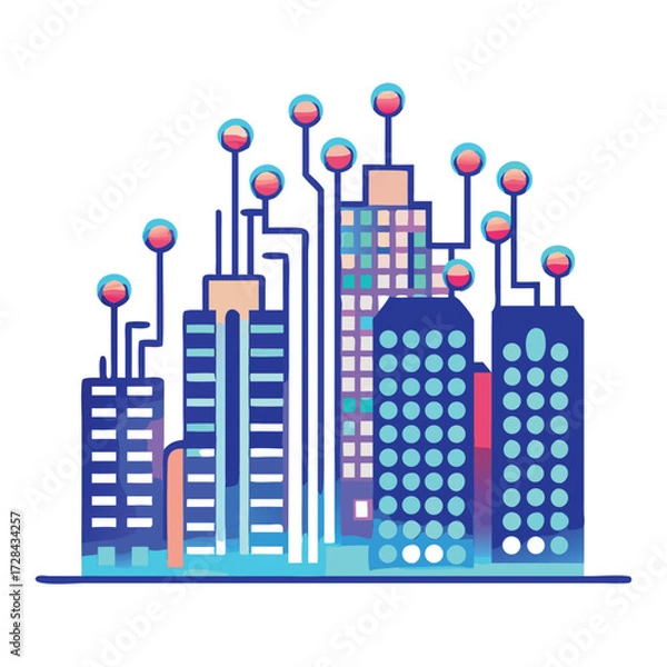 Fototapeta Smart City: A futuristic cityscape is interconnected with a network of digital pathways, symbolizing the integration of technology and urban life, promoting efficiency.