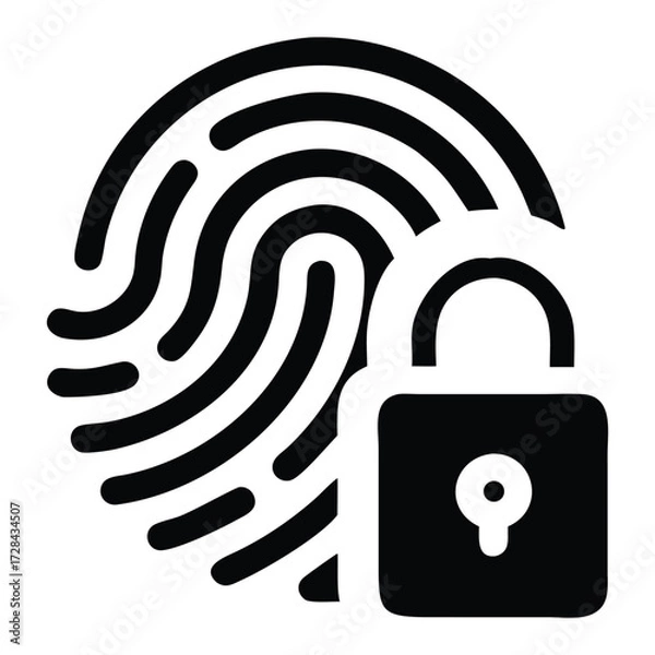 Fototapeta Fingerprint Authentication Icon: A minimalist black and white graphic featuring a detailed fingerprint seamlessly integrated with a padlock.
