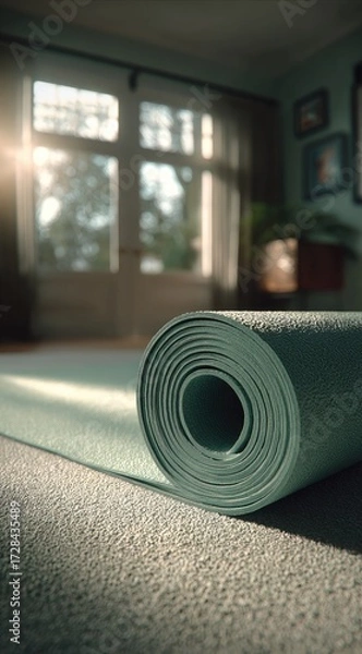 Obraz Rolled-up teal exercise mat rests on a textured floor in a sunlit room.