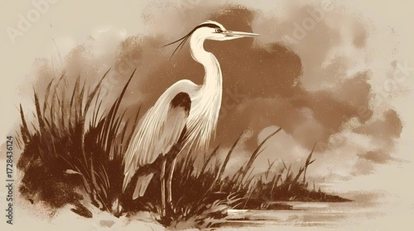Fototapeta Reeds sway as heron watches water below, illustrating delicate balance of bird and habitat.