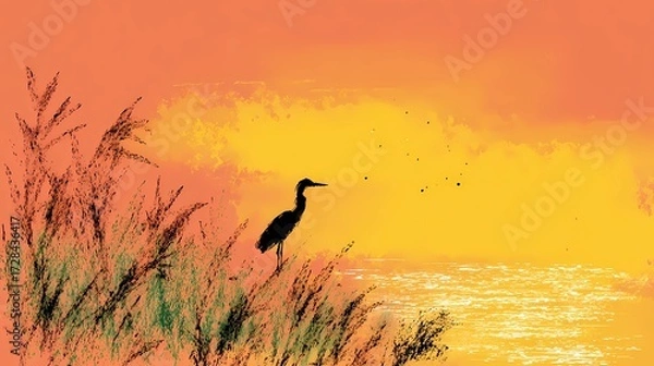 Fototapeta Reeds sway as heron watches water below, illustrating delicate balance of bird and habitat.