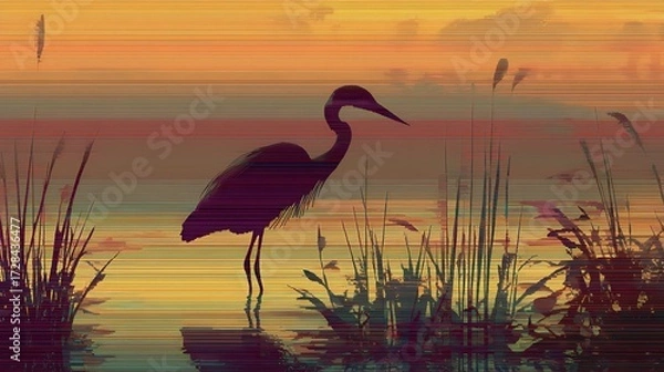 Fototapeta Reeds sway as heron watches water below, illustrating delicate balance of bird and habitat.