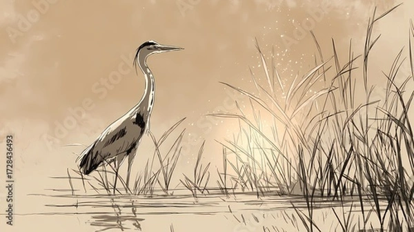 Fototapeta Reeds sway as heron watches water below, illustrating delicate balance of bird and habitat.