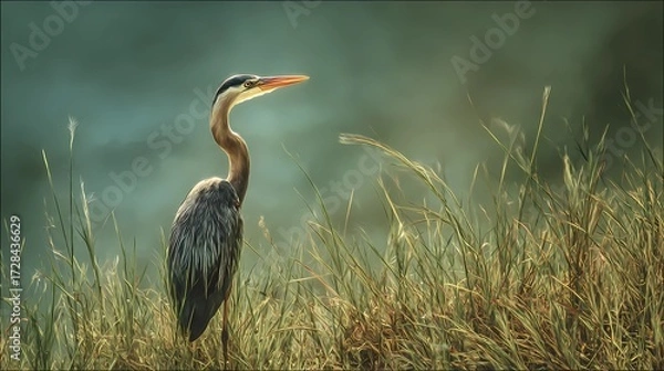 Fototapeta Reeds sway as heron watches water below, illustrating delicate balance of bird and habitat.