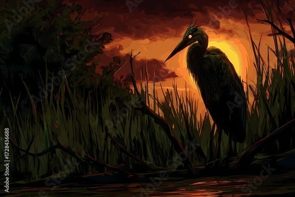 Fototapeta Reeds sway as heron watches water below, illustrating delicate balance of bird and habitat.