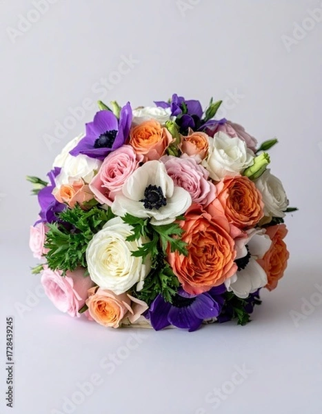 Fototapeta A lush, round bouquet of peach, pink, white, and purple roses and anemones, arranged with greenery, sits on a light gray background