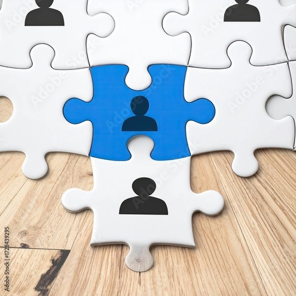 Fototapeta A blue puzzle piece, featuring a person icon, fits among white pieces with similar icons, all on a wood surface