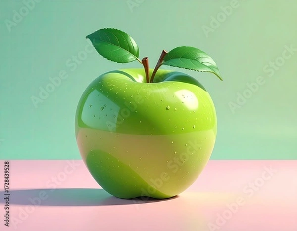 Fototapeta A vibrant green apple with two leaves sits on a pale pink surface against a mint green backdrop;  smooth, glossy texture; subtle lighting