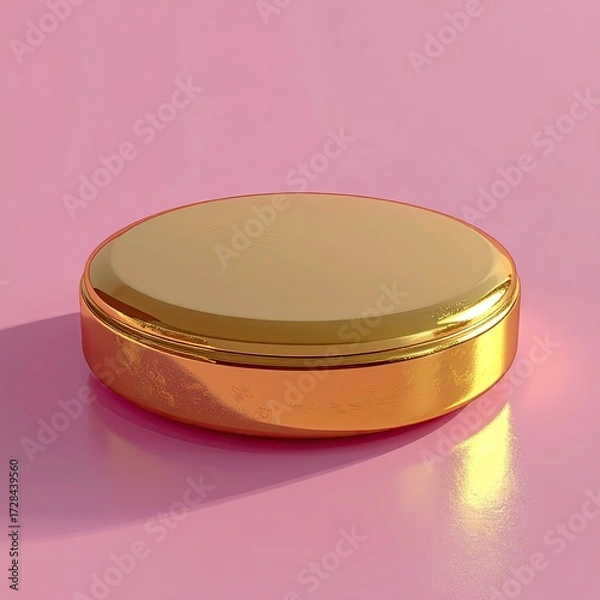 Fototapeta Polished gold cylindrical container on pink background, reflecting light
