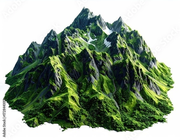 Fototapeta Lush, verdant mountain range, snow-capped peaks, steep slopes, isolated on white background, detailed texture