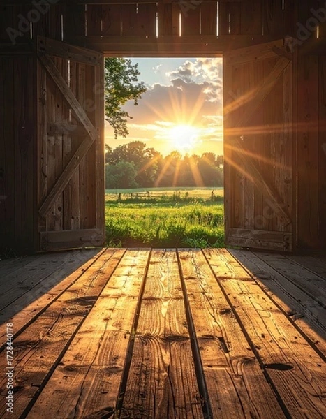 Fototapeta Rustic barn interior, open doors reveal a vibrant sunset over a verdant field; sunbeams stream through