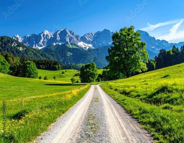 Fototapeta A gravel road winds through a verdant valley, leading towards a majestic snow-capped mountain range under a bright, sunny sky