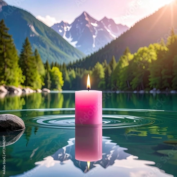 Fototapeta Serene pink candle floats on tranquil mountain lake at sunrise, its reflection mirrored in the still water, surrounded by lush greenery and majestic peaks