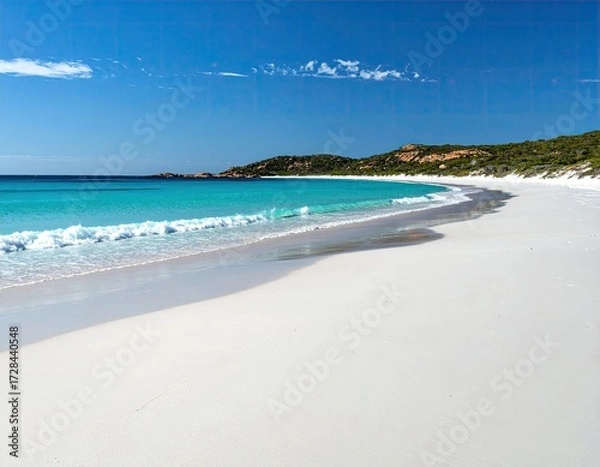 Fototapeta Pristine white sand beach curves gently into turquoise ocean under a vibrant blue sky; soft waves lap the shore