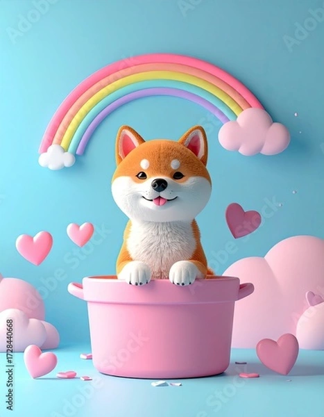 Fototapeta A cheerful Shiba Inu puppy sits in a pink pot, surrounded by hearts and a rainbow on a pastel blue background