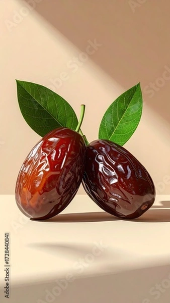 Fototapeta Two ripe, dark brown dates with vibrant green leaves rest on a pale beige surface, bathed in soft sunlight