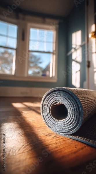 Obraz A rolled-up yoga mat rests on a wooden floor, bathed in sunlight streaming through a window.