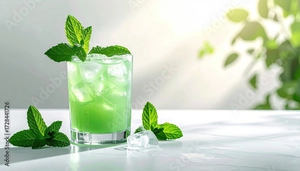 Fototapeta Icy green beverage in a glass, garnished with fresh mint sprigs, sits on a bright surface with ice and additional mint. Sunlit background