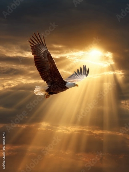 Obraz Majestic eagle soaring through a golden sunset sky, bathed in divine light.