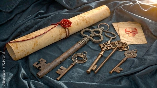 Fototapeta Collection of vintage keys, a scroll, and parchment with a skull design on dark fabric backdrop