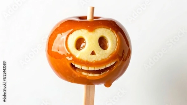 Fototapeta Caramel apple with a smiling face is perfect for festive events and gatherings during autumn season