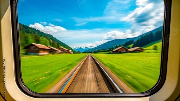 Fototapeta Scenic view of mountains and fields from a train window during a sunny day in the countryside