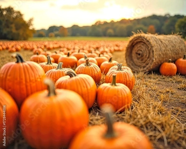 Fototapeta Pumpkin field with hay bales in background and straw bale foreground