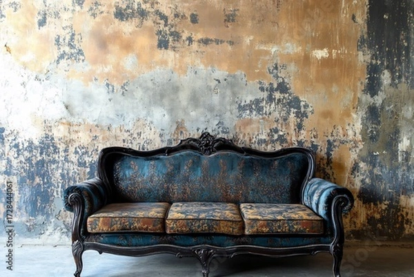 Obraz An antique velvet sofa sits elegantly against a rustic textured wall rich jewel tones and aged beauty