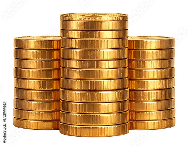 Obraz  Shiny Gold Coins Stacked in Neat Tower, Front View, Isolated on Transparent Background