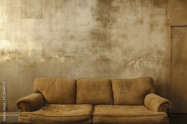 Obraz A worn brown couch sits against a textured wall evoking feelings of nostalgia and quiet contemplation in a dimly lit