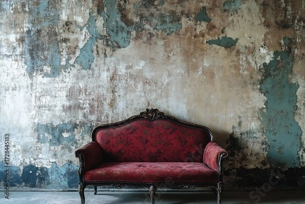 Obraz Antique crimson velvet chaise lounge against a rustic aged wall with peeling paint evoking a sense of vintage elegance
