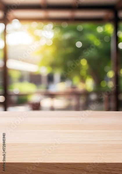Fototapeta Selective focus.Wood table top counter with beautiful blur big glass wall texture | background 