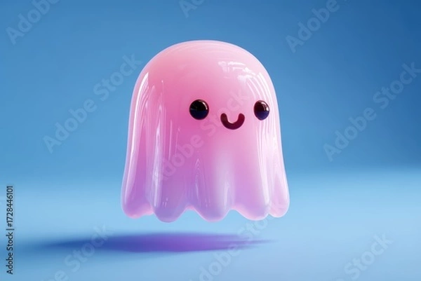 Fototapeta Cute pink glossy ghost character, friendly 3D cartoon creature with shiny gradient texture floating on blue background