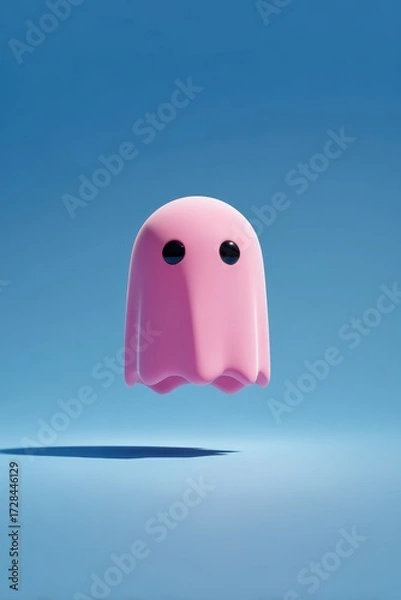 Fototapeta Cute Pink Cartoon Ghost with Smiling Eyes and Wavy Bottom Floating in Minimal Light Blue Background - Friendly Childish Fantasy Illustration
